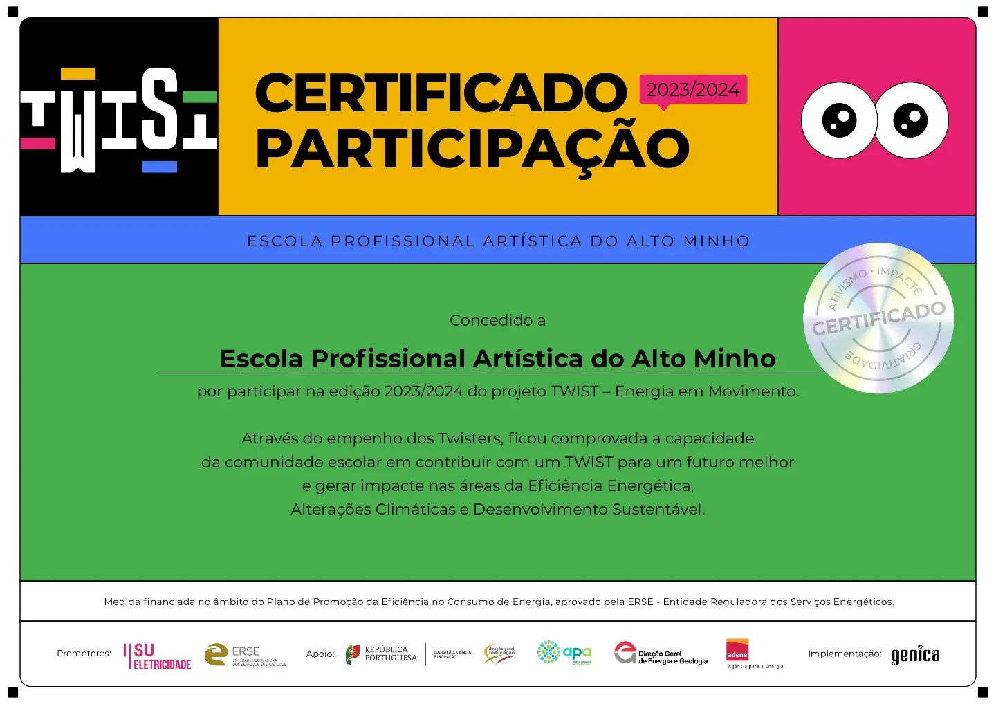 Certificado de participação no projeto TWIST